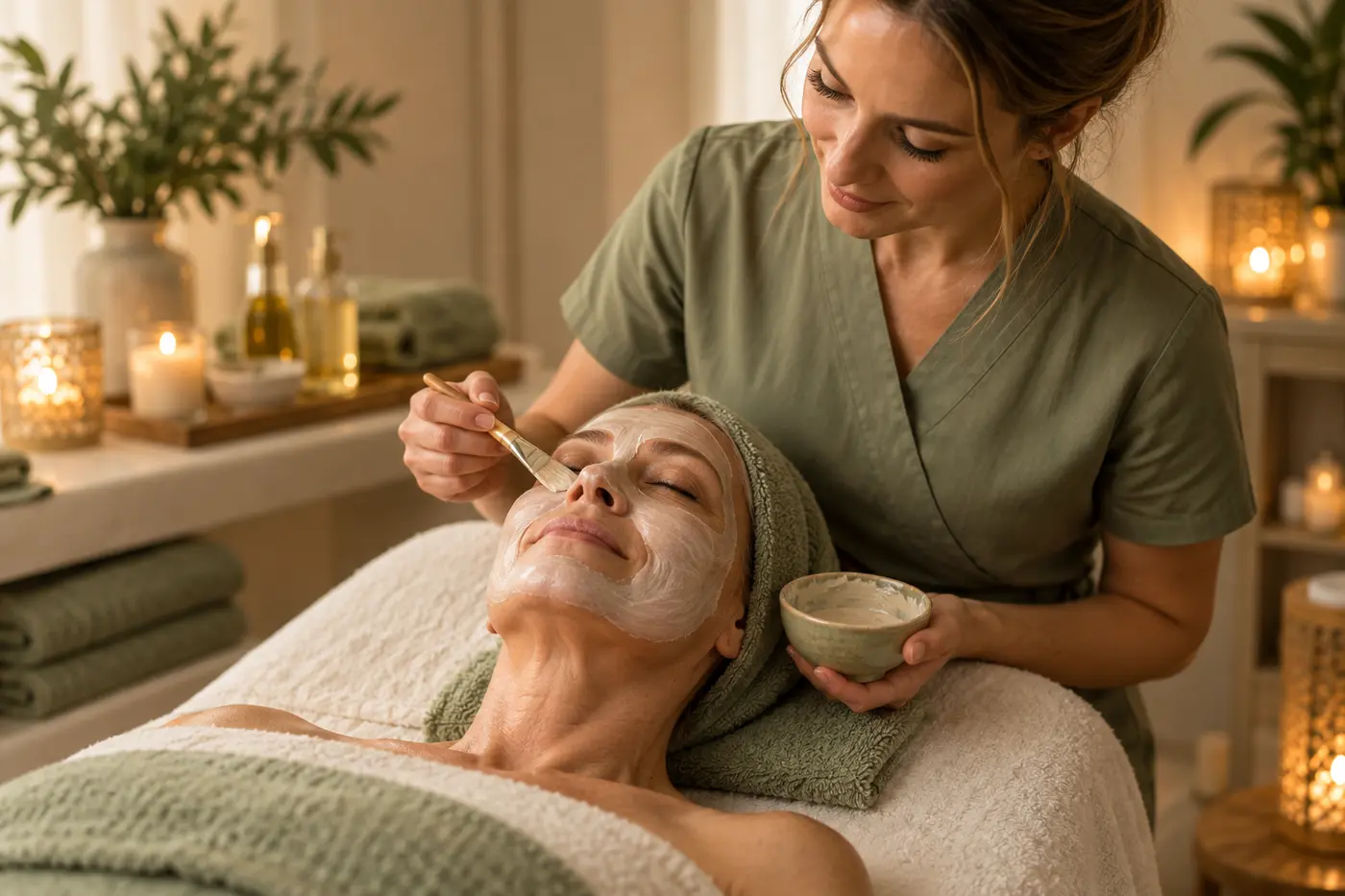 A relaxing facial treatment in a softly lit wellness room