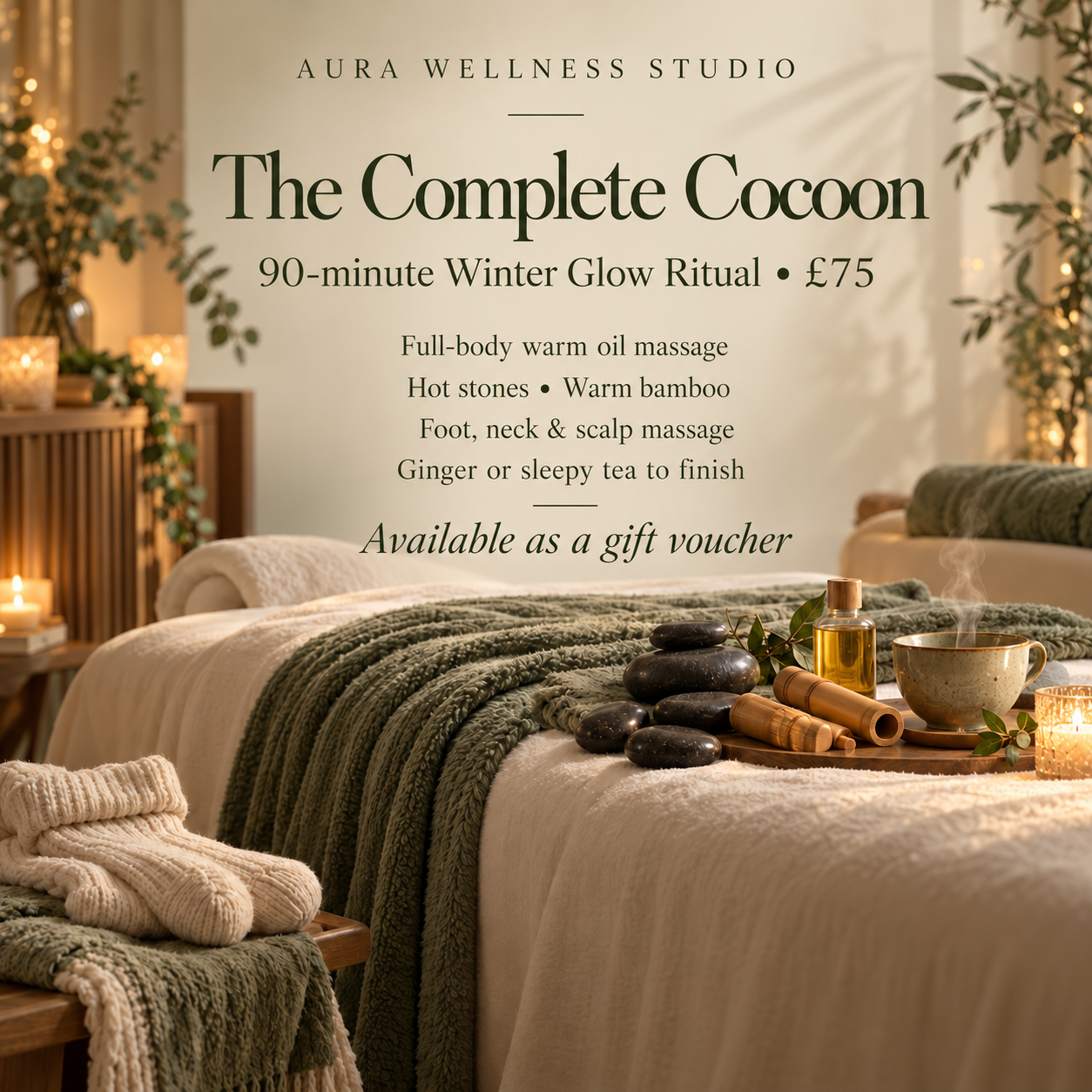 The Complete Cocoon: 90 minutes, £75. Warm oils, hot stones, warm bamboo and tea. Available as a gift voucher.